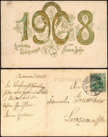 Neujahr/Sylvester, Prägekarte Große Goldzahlen Hufeisen Schwein 1907 - Nouvel An