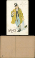 Glückwunsch - Neujahr/Sylvester, Mann Sektflasche Zylinder - Künstlerkarte 1924 - Nouvel An
