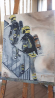 Pompiers En Intervention / PEINTURE A L'HUILE EN 3 D 40 X 50 Cm - Huiles
