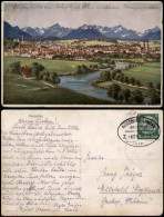 Kempten Allgäu Stadt Künstlerkarte 1934  Gel. Bahnpopststempel Augsburg Lindau - Kempten