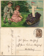 Glückwunsch / Grusskarten Junge Und Mädchen Segelboot Mit Feilchen 1912 Goldrand - Autres & Non Classés