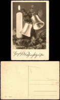 Weihnachten Christmas Grusskarte Mit Tannenzweig, Kerze, Glocken 1940 - Autres & Non Classés