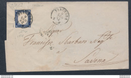 1862 SARDEGNA, 20 Centesimi Indaco Su Lettera Da Piacenza Per Savona, Tinta Del - Sardinia