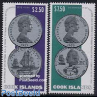 Cook Islands 1974 James Cook, Coins 2v, Mint NH, History - Transport - Various - Explorers - Ships And Boats - Money O.. - Explorateurs