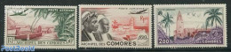 Comoros 1950 Airmail Definitives 3v, Mint NH, Religion - Transport - Churches, Temples, Mosques, Synagogues - Aircraft.. - Churches & Cathedrals
