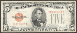United States Note 5 Dollars Abraham Lincoln Red Seal 1928 E H-A VF No Tear Hole - Billets Des États-Unis (1928-1953)