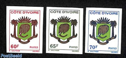 Ivory Coast 1976 Definitives 3v, Imperforated, Mint NH, History - Nature - Coat Of Arms - Elephants - Ongebruikt