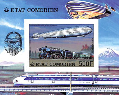 Comoros 1977 Railways, Airship S/s, Imperforated, Mint NH, Transport - Railways - Zeppelins - Trains