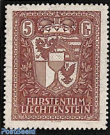 Liechtenstein 1934 5Fr Coat Of Arms 1v (from S/s) With Attest, Mint NH, History - Coat Of Arms - Neufs