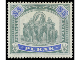 * MALAYA: PERAK. 1896. 5 $ Verde Y Azul. Leve Pliegue Vertical (light Vertical Crease). S.G. 79. Yv.31. Cat. 700€. - Other & Unclassified