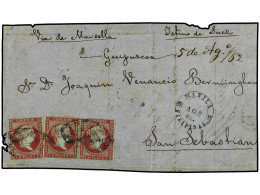 FILIPINAS. 1862. FRONTAL MANILA A SAN SEBASTIAN. 2 Reales Carmín. Mat. PARRILLA COLONIAL. Magnífico Y Muy Raro Franqueo  - Other & Unclassified