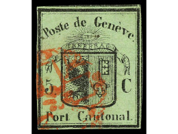 ° SUIZA. 1845. 5 C. Negro S. Verde, águila Pequeña. Márgenes Completos. Puntos Reparados (Déchirures Renforceés En Bas E - Other & Unclassified