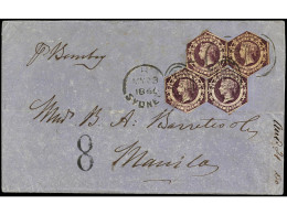 FILIPINAS. 1866. SYDNEY A MANILA. Envuelta Circulada Con Cuatro Sellos De 6 D. Lila, Manuscrito  'P. Bombay' , Tasada A  - Other & Unclassified