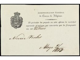 FILIPINAS. 1853. Recibo Del Pago En Efectivo De Una Carta Circulada Al Exterior Vía De Suez De 9 Reales El 2 Mayo 1853.  - Other & Unclassified