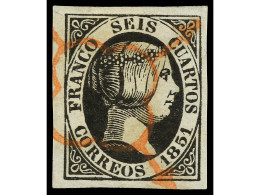 ° ESPAÑA. 6 Cuartos Negro. Mat. ARAÑA ROJA. Márgenes Excepcionales. PIEZA DE LUJO. Firmado Graus. Ed.6. - Other & Unclassified