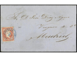 ESPAÑA. 1856. 4 Cuartos Rojo, Mat. RIVADESELLA/OVIEDO, Tipo I En Azul. PRECIOSO. Ed.48. - Other & Unclassified