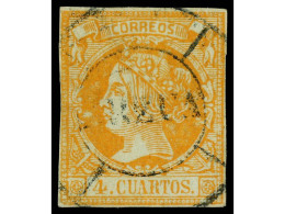 ° ESPAÑA. 4 Cuartos Amarillo, Mat. RUEDA DE CARRETA DE ARZUA. MUY RARA. Cert. GRAUS. Ed.52. - Other & Unclassified