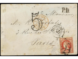 ESPAÑA. 1861. BARCELONA A PARÍS. 12 Cuartos Carmín FALSO POSTAL, Mat. R.C. 2 De Barcelona. Ed.53. - Other & Unclassified
