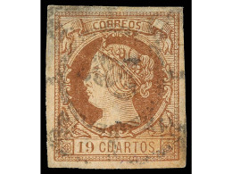 ° ESPAÑA. 19 Cuartos Castaño Sobre Salmón. Mat. R.C. 6. Amplios Márgenes. Adelgazado En Margen Superior. Cert. CEM. Ed.5 - Other & Unclassified