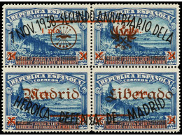 * ESPAÑA E. LOCALES PATRIOTICAS: MADRID. MADRID. 1 Pta. S. 45 Cts. + 2 Pts. Azul. Bloque De Cuatro, Habilitación Sepia Y - Other & Unclassified