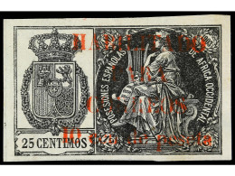 (*) COLONIAS ESPAÑOLAS: GUINEA. 10 Cts. Sobre 25 Cts. Negro. Habilitación En Carmín. Ed.26A. Cat. 875€. - Other & Unclassified