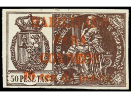 * COLONIAS ESPAÑOLAS: GUINEA. 10 Cts. Sobre 50 Pts. Castaño Violeta. Habilitación En Carmín. MUY RARO Y De LUJO. Cert. G - Other & Unclassified