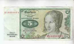 Banknote 5 DM  Von 02.01.1980  B 1949492 X - 5 Deutsche Mark