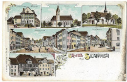 Gruss Aus SEMPACH: 6-Bild-Litho Mit Animierte Hauptgasse ~1900 - Sempach