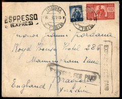 Repubblica - Busta Espresso Affrancata Con 5 Lire + 100 Lire Democratica (555 + 565) Da Biella Per Bredford (Inghilterra - Other & Unclassified