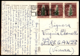 Repubblica - Tabacco Striscia Di Tre 5 Lire (629) Su Cartolina Da Roma 1.12.50 Per Breganze - Other & Unclassified