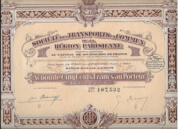 LOT DE 10 ACTIONS DE CINQ CENT FRANCS - SOCIETE DES TRANSPORTS EN COMMUN DE LA REGION PARISIENNE -ANNEE 1921 - Transport