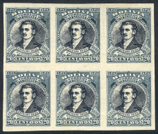 BOLIVIA: Yvert 89, 1910 Arze 20c., IMPERFORATE Block Of 6, 2 Stamps With Watermark, VF Quality! - Bolivia