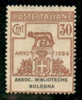 Regno - Enti Parastatali - 1924 - 30 Cent Assoc. Biblioteche Bologna (3) - Gomma Integra - Lievi Pieghe Diagonali - Other & Unclassified