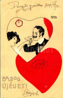 T3 1899 (Vorläufer) Boldog Újévet / New Year Greeting Art Postcard With Couple And Hearts. Art Nouveau S: Raphael Kirchn - Unclassified