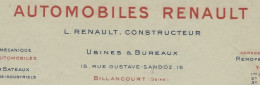 1912 AUTOMOBILES RENAULT Billancourt Original Avec Cachet  Louis Renault > Corbin  Paris Commande De Carters V.HIST. - 1900 – 1949