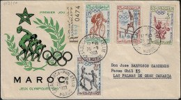 Delcampe - Maroc 1960 Y&T 413 à 415 Et 420 Sur FDC. Jeux Olympiques De Rome. Cyclisme, Barres Parallèles, Lutte Et Escrime - Cyclisme