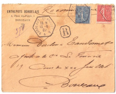 BORDEAUX St PROJET A Lettre Recommandée Entête ENTREPOTS BORDELAIS Semeuse Lignée Yv 129132 Ob RAU 1907 Piquage Décalé - Covers & Documents