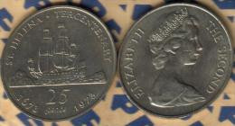SAINT HELENA ISLAND 25 PENCE SHIP 300 YEARS FRONT QEII HEAD BACK 1973 UNC KM5 READ DESCRIPTION CAREFULLY!! - Sainte-Hélène