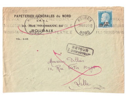 ROUBAIX Nord Lettre Entête Papeterie Générale Nord 50c/75c Pasteur Yv 219 Ob Krag Métropole Textile 1929 Retour Envoyeur - Briefe U. Dokumente