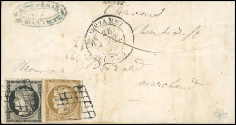 Obl. 1 + 3 -  10c. Bistre-jaune (déf.) + 20c. Noir S/jaune Obl. Grille, S/lettre Frappée Du CàD De MAZAMET Du 25 Juillet - 1849-1850 Ceres
