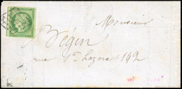 Obl. 2 -  15c. Vert Obl. Grille S/lettre Locale De PARIS Du 16 Octobre 1851. Arrivée Le 17. Timbre Décollé Pour Vérifier - 1849-1850 Ceres