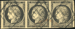 Obl. 3 -  20c. Noir S/jaune. Bande De 3. Obl. Grille Avec Amorce D'un Voisin. TB. - 1849-1850 Ceres
