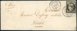 Obl. 3 -  20c. Noir S/jaune (déf.) Obl. S/lettre Frappée Du CàD D'ANGERS Du 1er Janvier 1849 à Destination De NIORT. Au  - 1849-1850 Ceres
