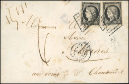 Obl. 3 X 2 -  20c. Noir S/jaune X 2, Obl. Grille S/lettre Frappée Du CàD De TOURS Du 23 Mars 1850 à Destination De LOCHE - 1849-1850 Ceres