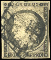 Obl. 3c -  20c. Gris-noir. Obl. Grille. Effigie Dégagée. TB. - 1849-1850 Ceres