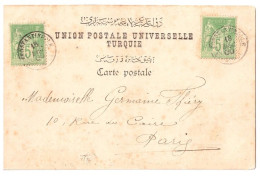 CONSTANTINOPLE STAMBUL Carte Postale 5c Sage Vert Jaune N/B X 2 Yv 106  Ob 18 12 1900 Dest Paris - Brieven En Documenten