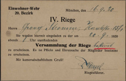Zwischenkriegszeit München Einladung Zur Versammlung Der Riege 1920 I-II (keine AK-Einteilung) - History
