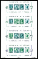 N°33b, Centenaire Du 1er Timbre: Feuille Complète De 4 Blocs Non Dentelés En Vert (dont 1 Ex Vert Et Bleu) Daté Du 16.7. - Blocks & Sheetlets