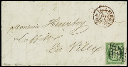 Lettre N°2 15c Vert, Bien Margé, Obl. Grille +cachet Rouge PP Sur Lettre, TTB, R. Signé JF.Brun, Calves - 1849-1850 Ceres