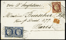Lettre N°6 1f Carmin +paire De N°4 Avec Voisin, Obl. Grille Sans Fin Sur LSC Frappée Du Càd Pointe à Pitre, Guadeloupe,  - 1849-1850 Ceres